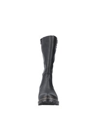 Black leather knee-high boot with a sleek design, featuring a side zipper, textured surface, and a sturdy rubber sole.