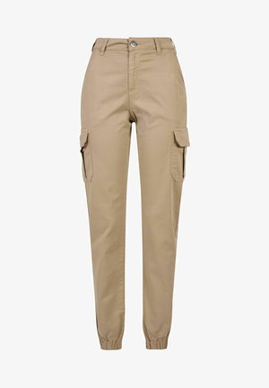 Béžové cargo nohavice vyrobené z bavlny s elastickými manžetami, disponujúce dvoma bočnými vreckami a zapínaním na gombík, rovný strih.