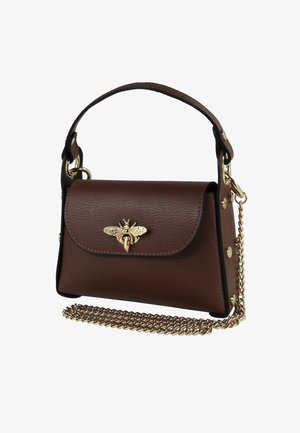 Brown leather handbag featuring a gold bee emblem, textured finish, shoulder chain strap, and snap closure with decorative hardware.