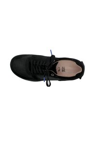 Black suede sneaker with a round toe, flat laces, and a textured design. Features a logo and size label inside, with blue accents on laces.