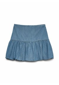 Denim krilo s razširjenim dizajnom, svetlo modre barve, nabranim volanom na robu in elastičnim pasom. Narejeno iz mehkega, teksturiranega materiala.