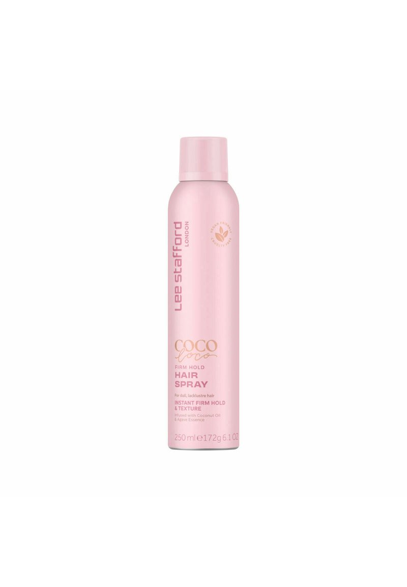 Roze aerosolverpakking met een grijze dop, gelabeld "Coco Loco Firm Hold Hair Spray." Bevat 250 ml en bevat kokosolie en agave-essence.
