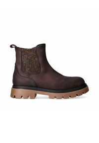 Stivale alla caviglia in pelle marrone con pannello elastico laterale, suola beige robusta e dettaglio testurizzato. Presenta punta arrotondata e linguetta per una facile calzata.