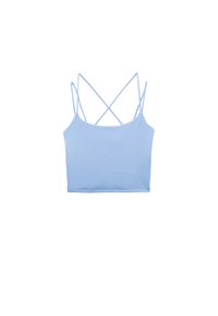 Lichtblauw cropped top van een gladde stof, met dunne gekruiste bandjes op de rug en een eenvoudig, strak ontwerp.