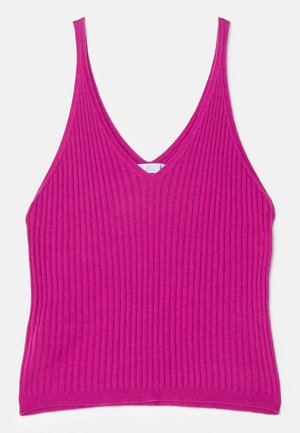 Úzký, ribbed top v živé fuchsii. Má hluboký V-výstřih a tenké ramínka, vyrobený z měkkého, elastického materiálu.