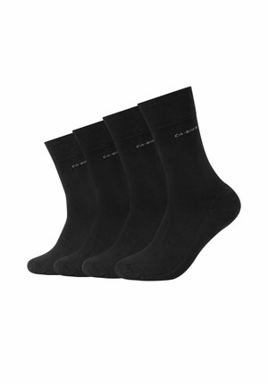 Schwarze Baumwollsocken im Viererpack, mit glatter Textur, gerippten Bündchen und einem Logo-Detail nahe der Spitze. Standard Crew-Länge Design.