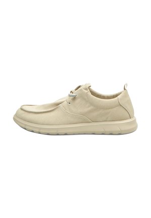 Sneaker casual beige con tomaia in tessuto, chiusura con lacci elastici, colletto imbottito e suola in gomma bianca progettata per il comfort e l'uso quotidiano.