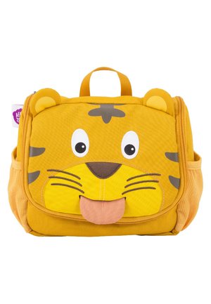 Gelber Kinder-Rucksack mit Tigergesicht-Design, strukturiertem Stoff, runden Ohren und kontrastierenden grauen Streifen. Inklusive Tragegriff oben.