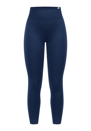 Leggings de color azul marino hechos de una tela elástica, con una cinturilla alta y una textura suave sin patrones visibles ni herrajes.