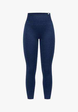 Leggings bleu marine en tissu extensible, dotés d'une taille haute et d'une texture lisse sans motifs visibles ni matériel.