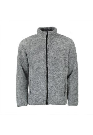 Veste en polaire grise et duveteuse avec un col haut, une fermeture éclair intégrale sur le devant et des poches latérales. Texture douce, coupe décontractée et accents noirs minimalistes.