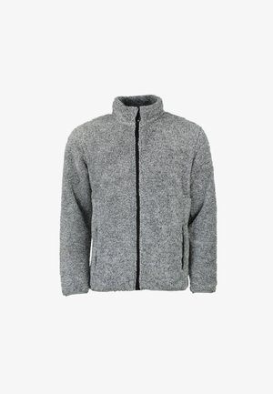 Veste en polaire grise et duveteuse avec un col haut, une fermeture éclair intégrale sur le devant et des poches latérales. Texture douce, coupe décontractée et accents noirs minimalistes.