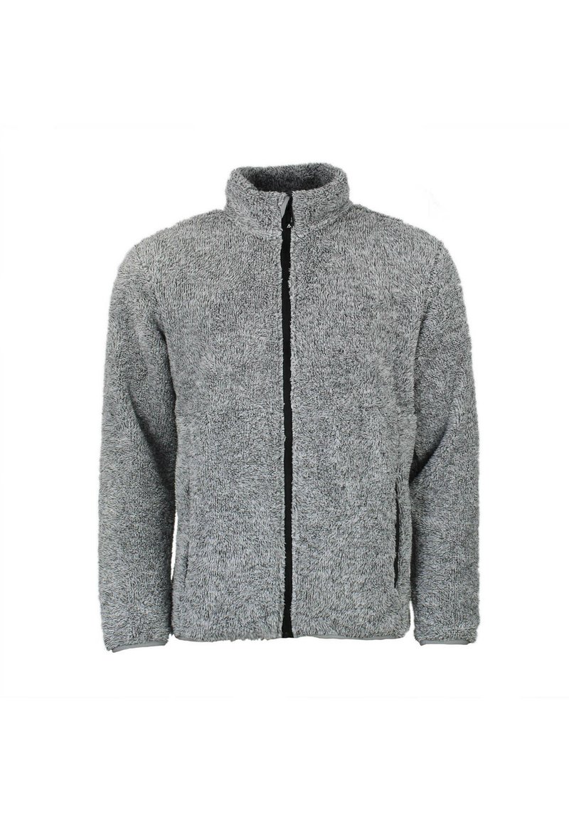 Chaqueta de forro polar gris y suave con un alto cuello, cremallera frontal completa y bolsillos laterales. Textura suave, corte relajado y acentos negros mínimos.