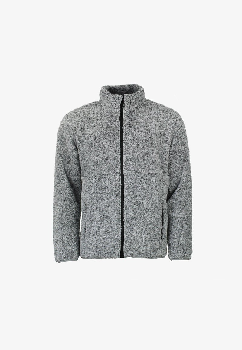 Veste en polaire grise et duveteuse avec un col haut, une fermeture éclair intégrale sur le devant et des poches latérales. Texture douce, coupe décontractée et accents noirs minimalistes.