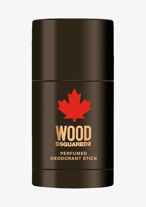 Déodorant en stick parfumé, conteneur cylindrique brun foncé, avec une feuille d'érable rouge bien visible et le texte doré "WOOD", design minimaliste.