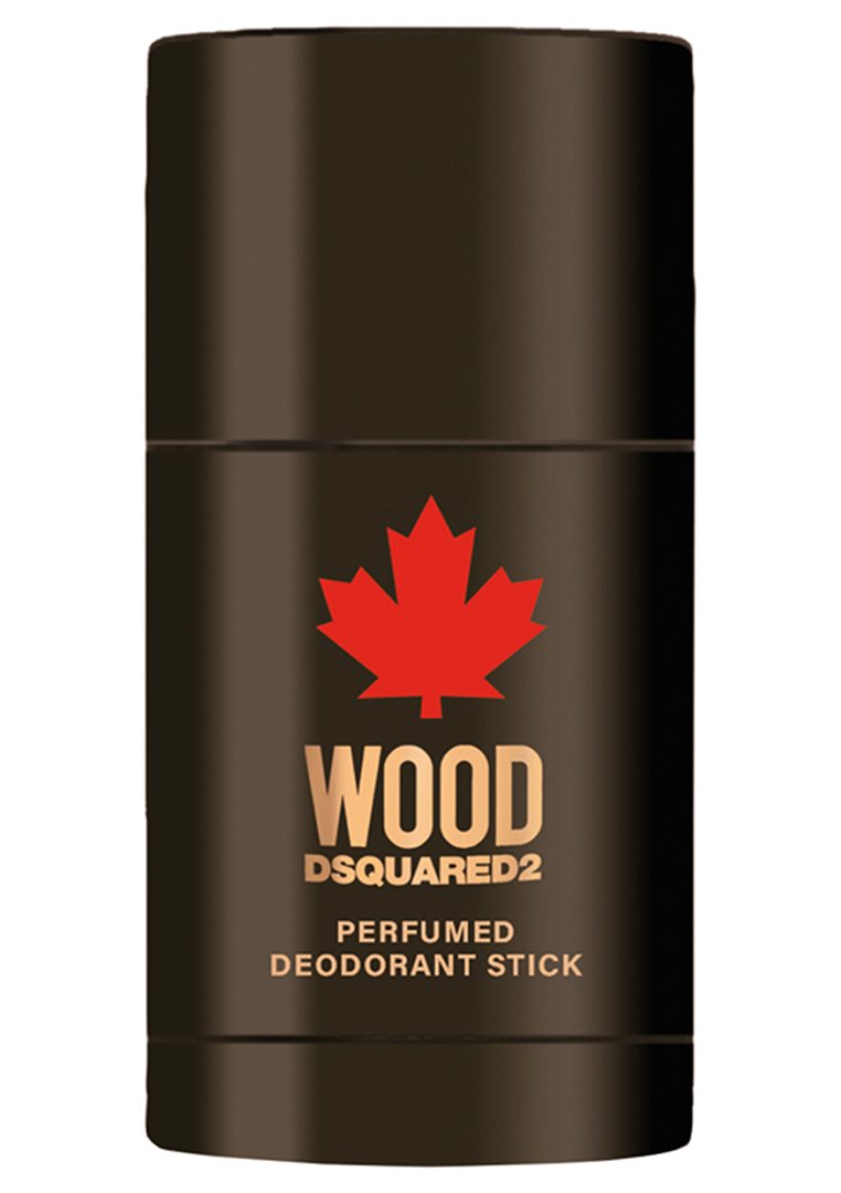 Déodorant en stick parfumé, conteneur cylindrique brun foncé, avec une feuille d'érable rouge bien visible et le texte doré "WOOD", design minimaliste.