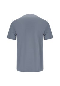 Ensfarvet grå kortærmet T-shirt vist bagfra, glat stof med rund halsudskæring og almindelig pasform.