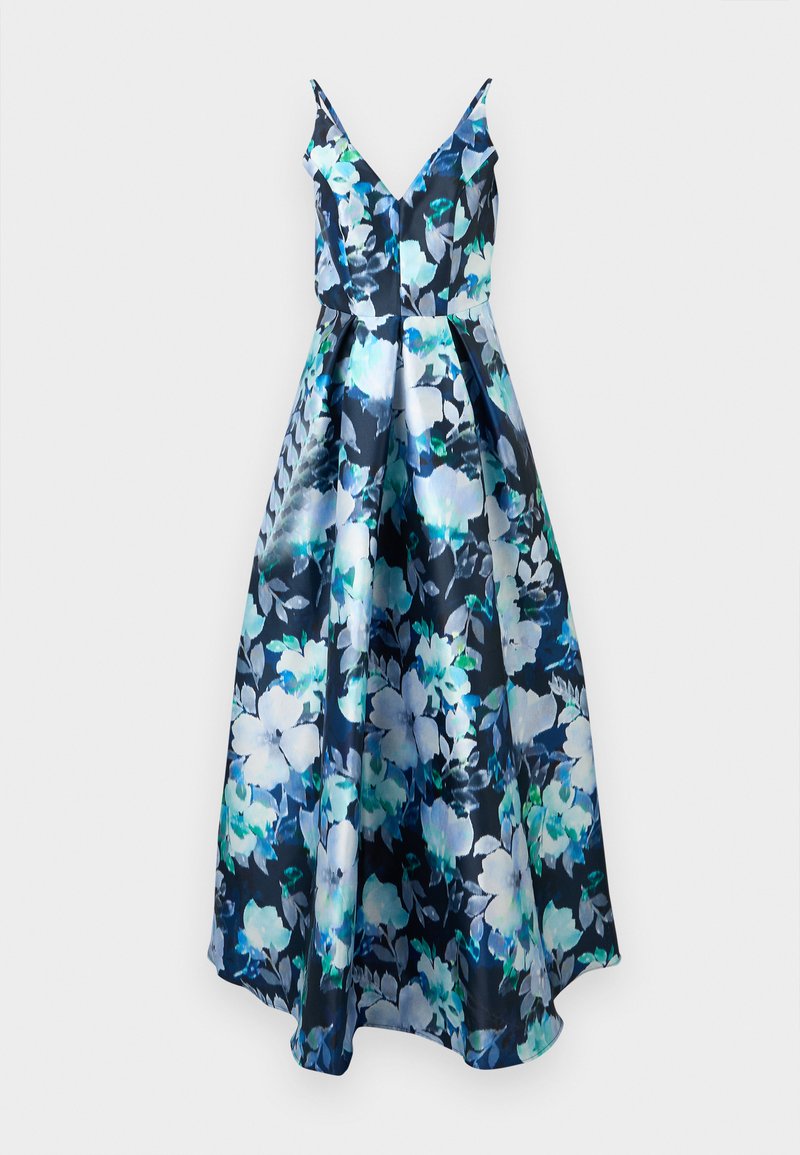 Floral midi dress in a navy blue with large light blue and green flowers. Material is shiny with a fitted bodice and flared skirt. V-neckline.