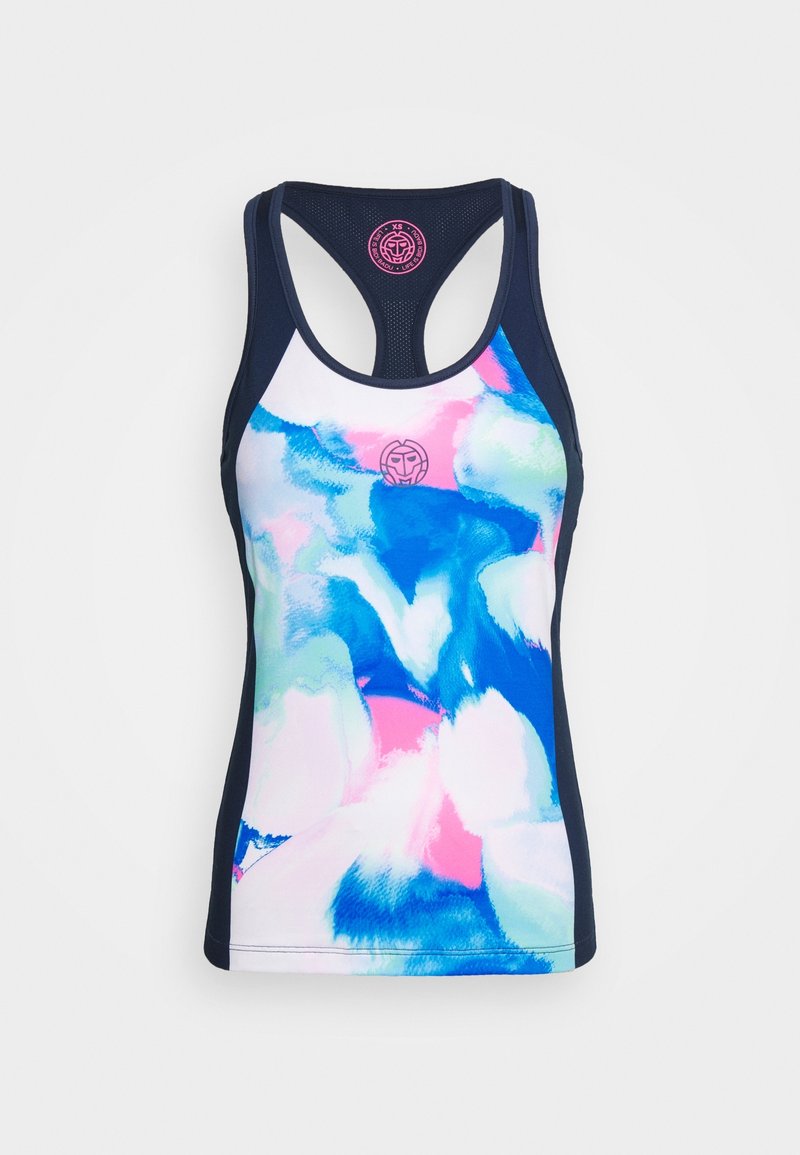 Navy racerback tank top featuring a colorful abstract pattern in blue, pink, and green; made of stretchy, breathable fabric.