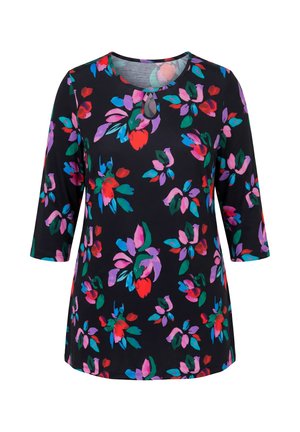 Ulla Popken, MATTE JERSEY VIBRANT FLORAL KEYHOLE NECKLINE KNIT TUNIC - Langarmshirt - black