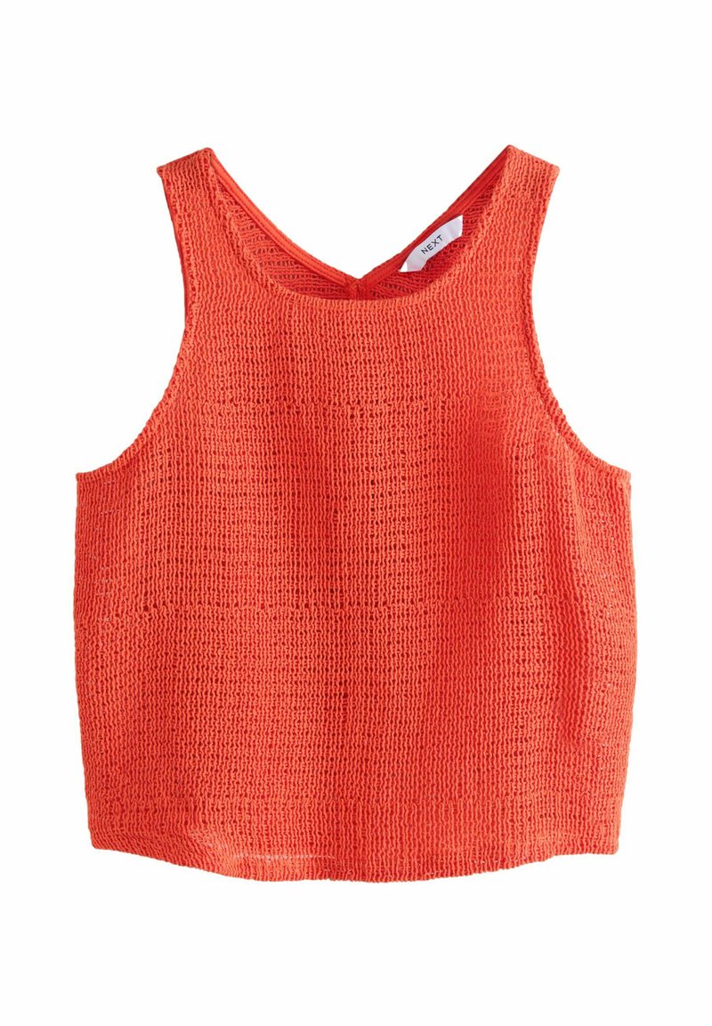 Rød strikket tanktop med brede stropper, firkantet halsudskæring og et mønstret design, der er lavet til afslappet brug.