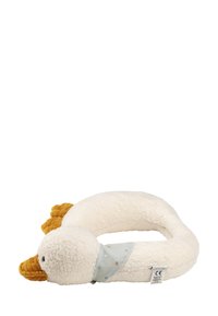 Plush duck-shaped neck pillow, white with a tufted texture. Features a yellow-orange beak, webbed feet, and a blue bandana with colorful dots.