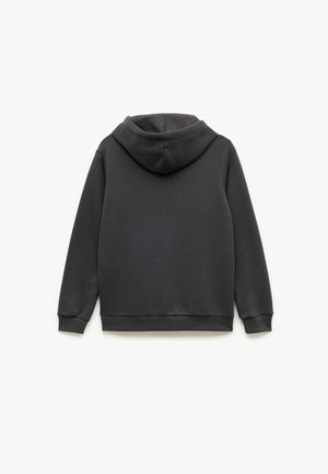 Dark gray hooded sweatshirt featuring a smooth texture, ribbed cuffs, and hem, with a spacious hood and no visible branding or patterns.