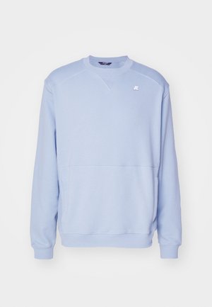 Light blue crewneck sweatshirt made from soft fabric. Features a v-stitched design, ribbed cuffs, and a small logo on the chest.