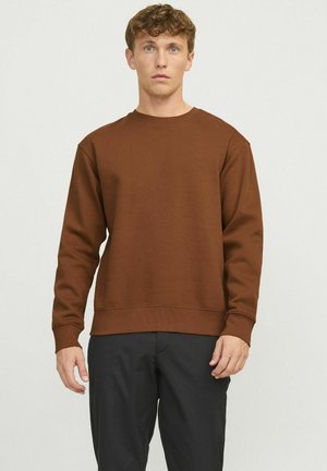 Brown sweatshirt made of cotton blend, featuring a crew neckline, ribbed cuffs and hem, and relaxed fit with no visible patterns or accents.