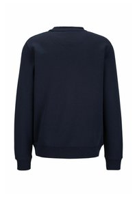 Marineblaues Sweatshirt, Baumwollmischung, gerippter Rundhalsausschnitt, lange Ärmel und elastische Bündchen. Glatte Textur mit lockerer Passform.