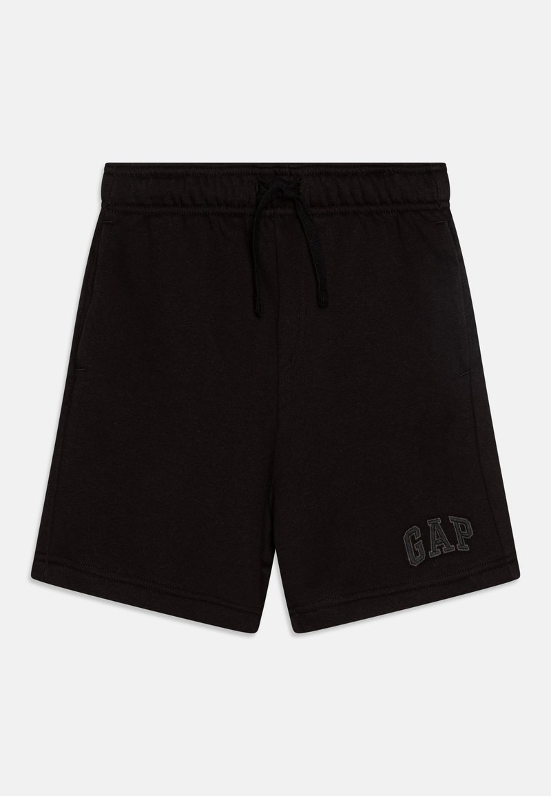 Calções de algodão pretos com cinta elástica e cordão. Apresentam bolsos laterais e a palavra "GAP" bordada em preto na frente.