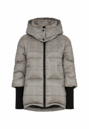 Kurtka puchowa w szary wzór w kratę houndstooth z wysokim kołnierzem, czarnym zamkiem błyskawicznym i czarnymi ściągaczami na rękawach, które zapewniają dodatkowe ciepło i styl.