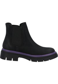Svarta ankelstövlar med elastiska sidopaneler, med en strukturerad lila mellansula och en robust gummisula med mönster.