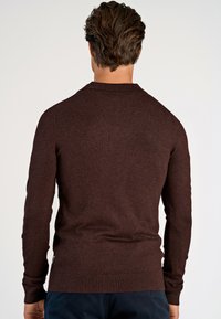 Brązowy sweter dzianinowy z okrągłym dekoltem, długimi rękawami i ściągaczami. Tył ma gładką strukturę bez widocznych szwów.