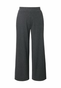 Pantalons à jambes larges en tissu gris foncé avec des rayures verticales blanches, dotés d'une taille élastique et d'une texture lisse.