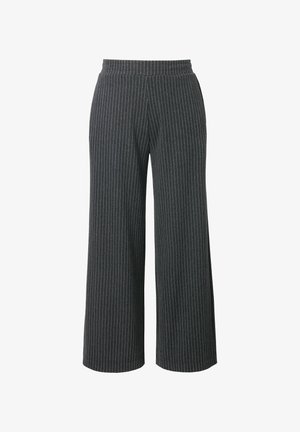 Videbukser i mørkegrå stof med hvide lodrette striber, der har en elastisk talje og glat tekstur.