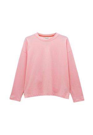 Rosa langärmliges Baumwoll-T-Shirt mit rundem Halsausschnitt, lockerer Passform und überschnittenen Schultern. Glatte Textur und minimale Nähte.