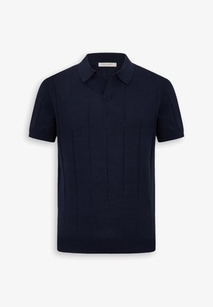 Marineblaue, kurzärmelige Strick-Poloshirt mit dezenten vertikalen Streifen und einem weichen Kragen, mit dem Etikett "Dan John".