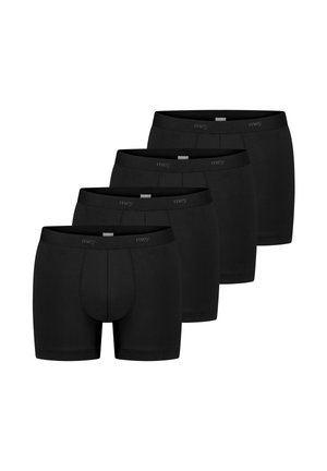 Cztery czarne męskie bokserki z logo na pasku, ułożone w przesuniętym rzędzie na białym tle.