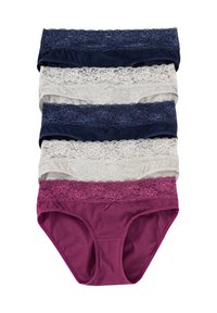 Cinque paia di mutandine da donna in navy, grigio, crema e bordeaux. Ognuna presenta un elastico in pizzo con dettagli floreali e un morbido tessuto in cotone.