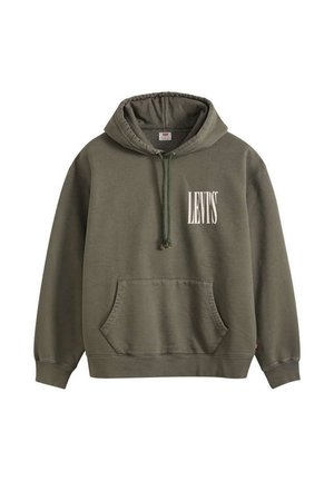 Sweat à capuche Levi's vert olive avec poche avant, capuche à cordon de serrage et logo Levi's blanc sur le côté gauche de la poitrine.
