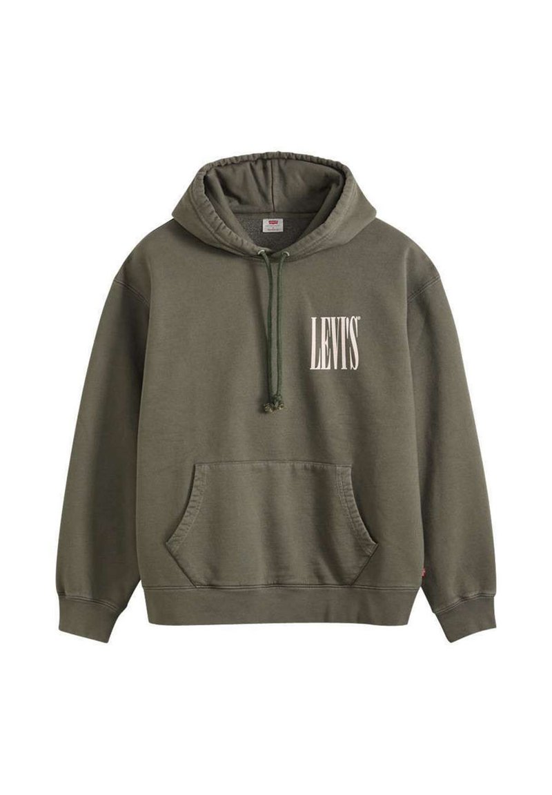 Sudadera con capucha de Levi's en verde oliva, con bolsillo frontal, capucha con cordón y logo blanco de Levi's en el pecho izquierdo.