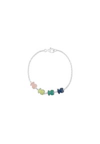 Bracciale in argento con ciondoli a forma di pesce in smalto lucido nei colori rosa, verde e blu. Chiusura a semplice clasp.