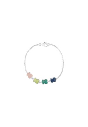Bracciale in argento con ciondoli a forma di pesce in smalto lucido nei colori rosa, verde e blu. Chiusura a semplice clasp.
