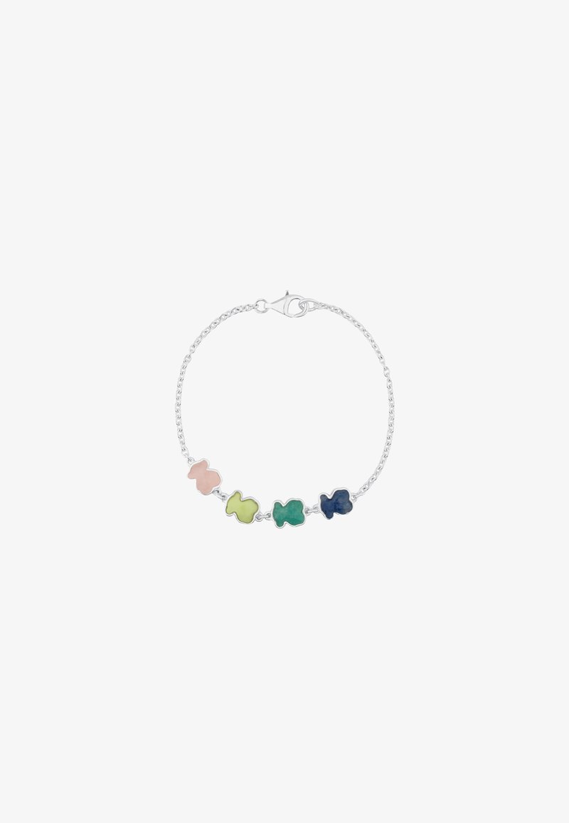 Pulsera de cadena de plata con encantos en forma de pez en tonos rosa, verde y azul, con un acabado de esmalte brillante. Cierre de gancho sencillo.