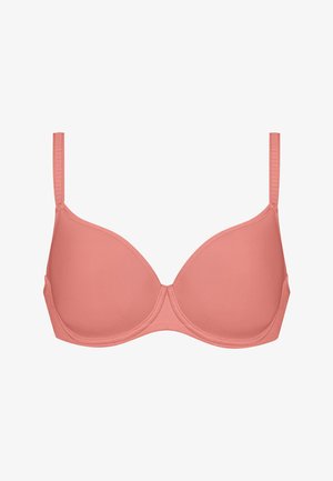 Korallenpinker BH mit glatten, nahtlosen Cups und verstellbaren Trägern. Verfügt über ein klassisches Unterdraht-Design und eine weiche Stofftextur.
