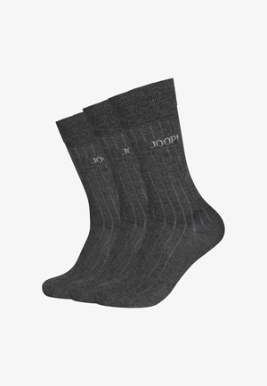 Grau gestreifte Socken aus einem weichen Stoff mit einem Logo-Druck. Das Paket enthält drei Paare, wobei jedes Paar eine glatte Textur hat.