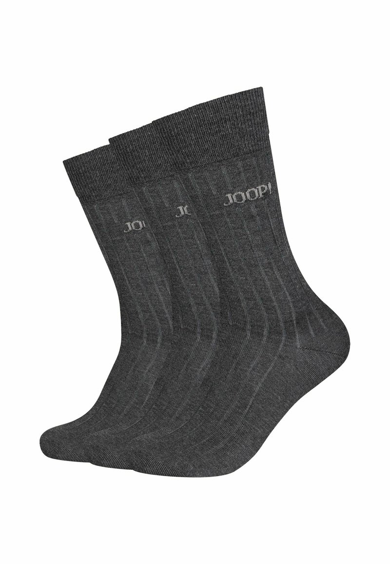 Grau gestreifte Socken aus einem weichen Stoff mit einem Logo-Druck. Das Paket enthält drei Paare, wobei jedes Paar eine glatte Textur hat.