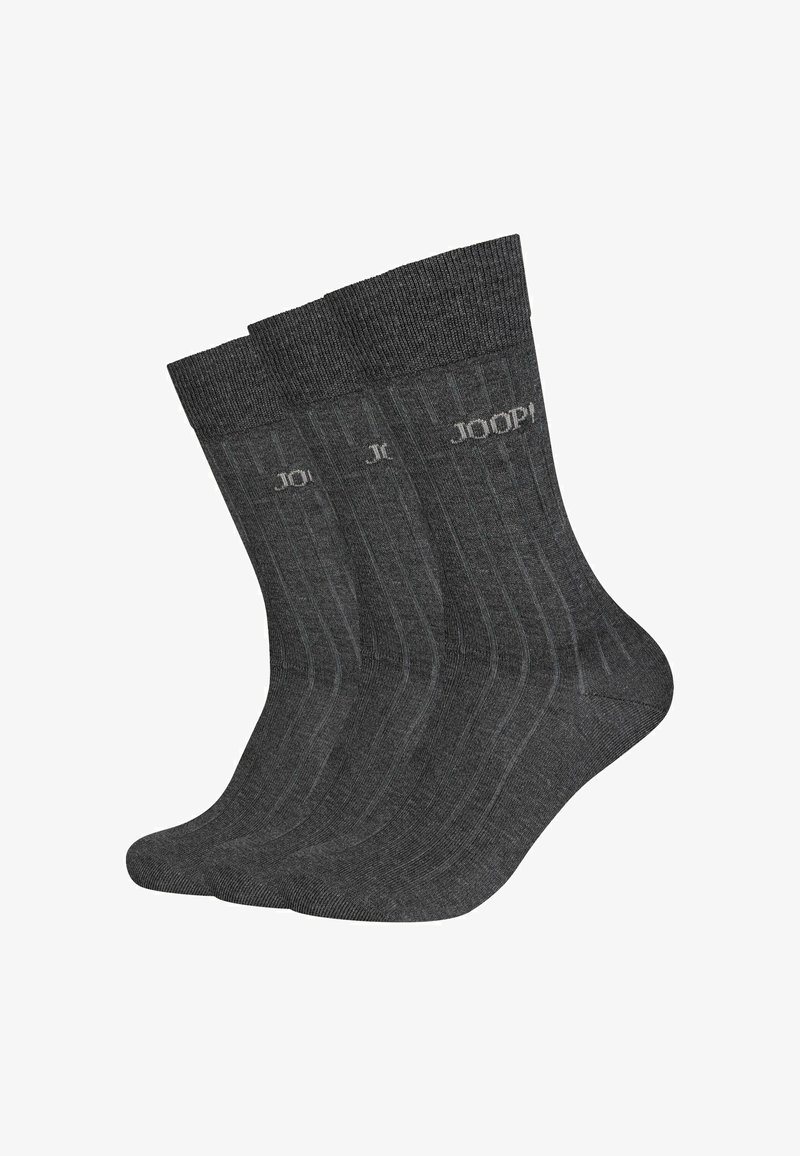 Grau gestreifte Socken aus einem weichen Stoff mit einem Logo-Druck. Das Paket enthält drei Paare, wobei jedes Paar eine glatte Textur hat.
