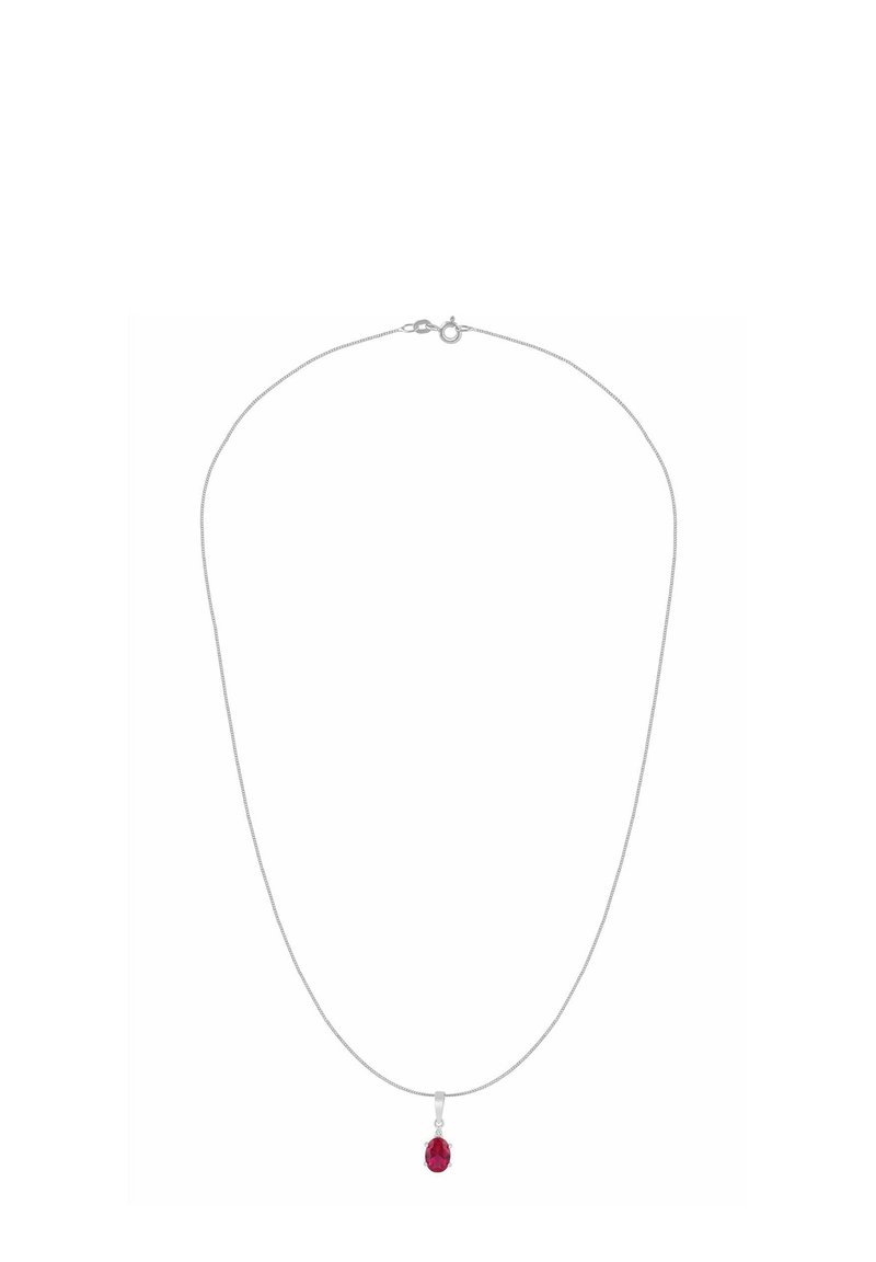 Strieborný náhrdelník s hladkým, tenkým dizajnom; v strede zdobený príveskom s červeným drahokamom v tvare kvapky.